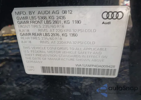 2013 Audi Q5 2.0T Premium z USA, uszkodzony, nr VIN WA1LFAFP4DA009428